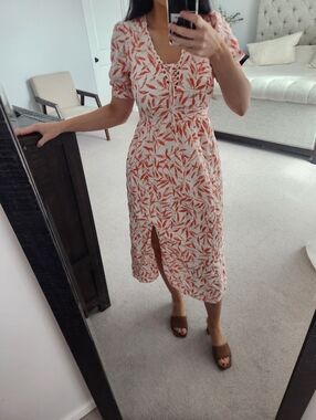 LOST + WANDER Xs Women's White & Rust Leaf-Print Midi Dress